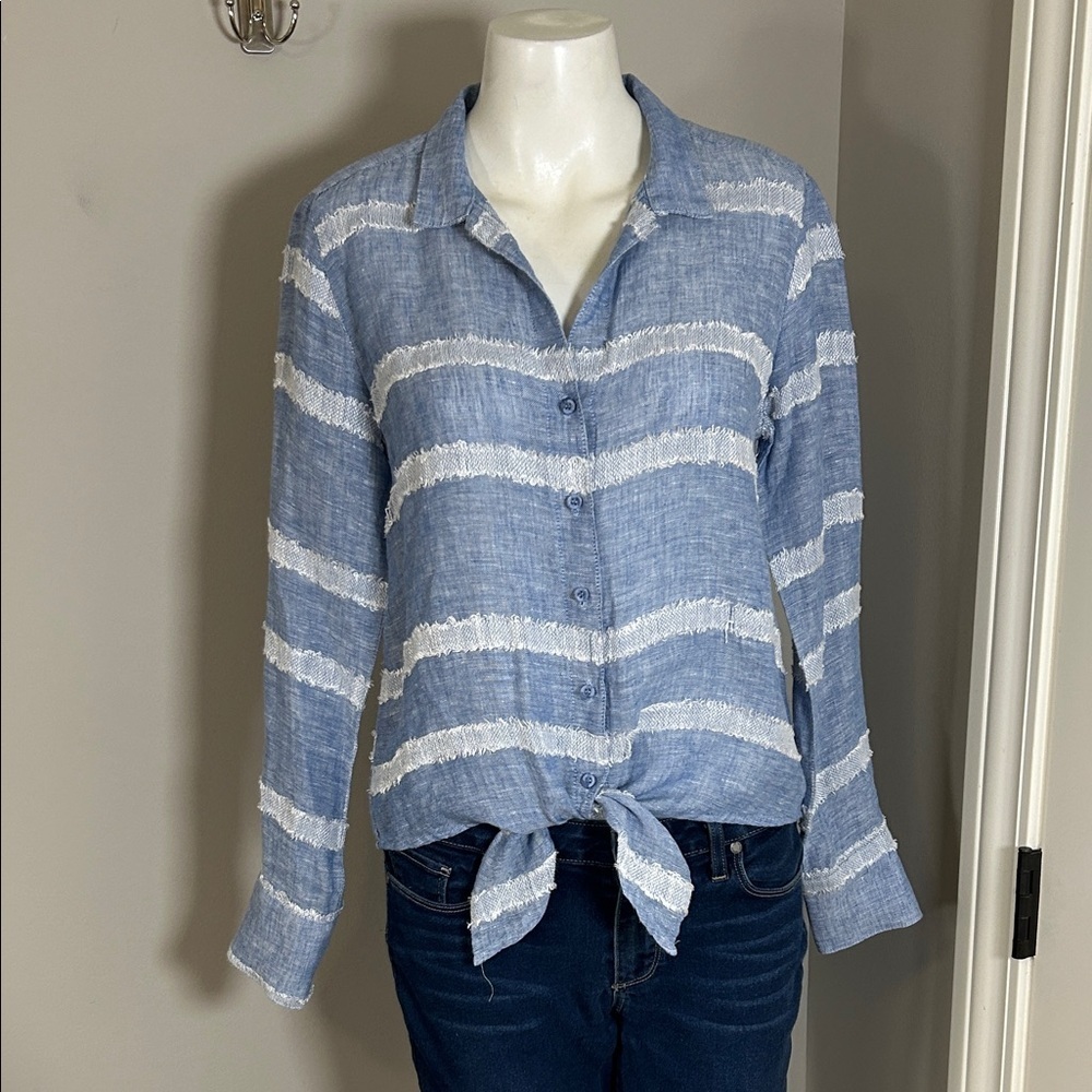 Bella Dahl Button Down Shirt Riviera Blue Stripe Tie Front Linen Top Blouse XS